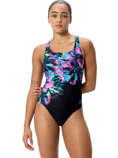 Speedo Placement Print Powerback One Piece - Glitchy/Black
