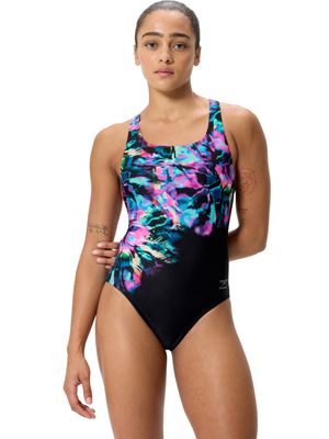 Speedo Placement Print Powerback One Piece - Glitchy/Black