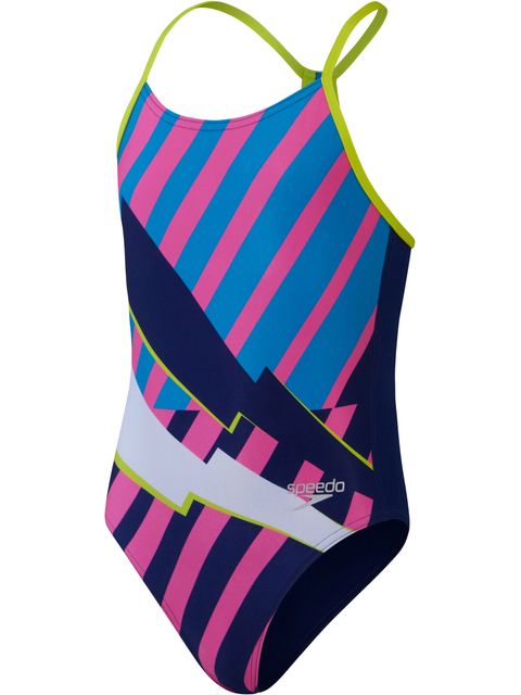 Speedo Lane Line Back One Piece - Blue/Pink/Lime