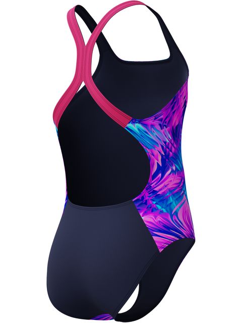 Speedo Allover Print Powerback One Piece - Pink/Peacoat