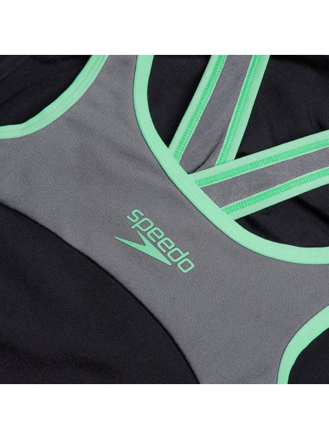 Speedo High Neck Splice Crossback One Piece - Charcoal/Green