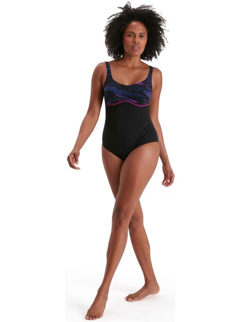 Speedo Contour Lustre Shaping One Piece - Black/Electric Pink/Harmony Blue