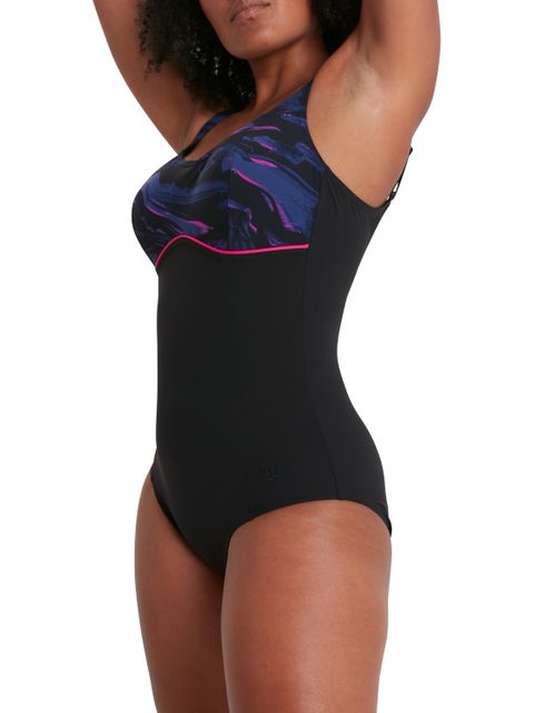 Speedo Contour Lustre Shaping One Piece - Black/Electric Pink/Harmony Blue