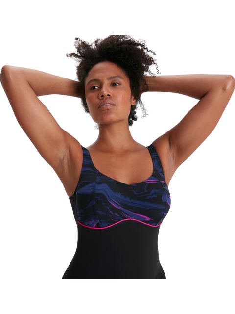 Speedo Contour Lustre Shaping One Piece - Black/Electric Pink/Harmony Blue