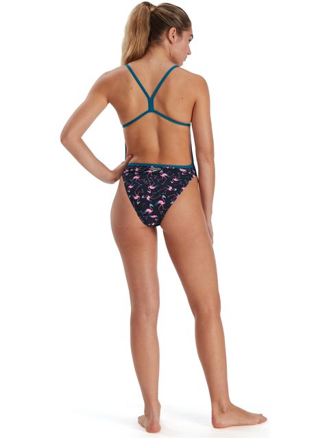 Speedo Flamingo Flare Allover V-Back One Piece - True Navy/Flamingo Pink