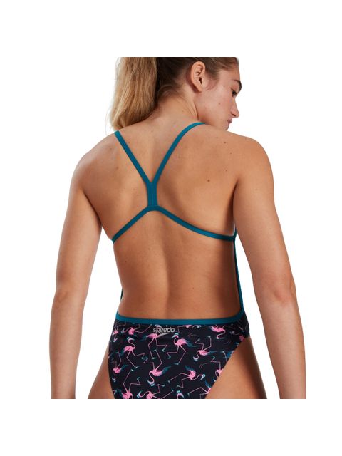 Speedo Flamingo Flare Allover V-Back One Piece - True Navy/Flamingo Pink