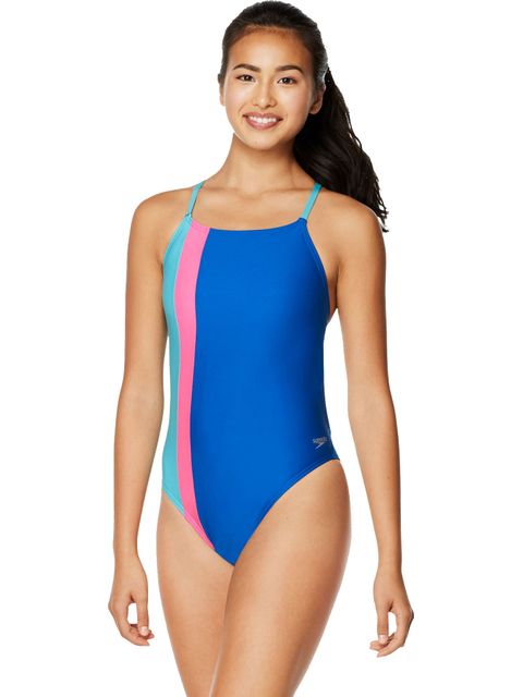 Speedo Colour Block Splice Tie Back One Piece - Blue/Pink