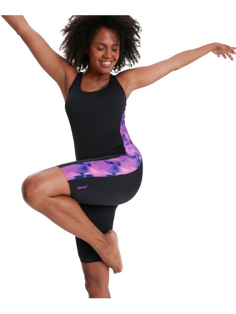 Speedo Leaderback Kneelength - Black/Neon Orchid