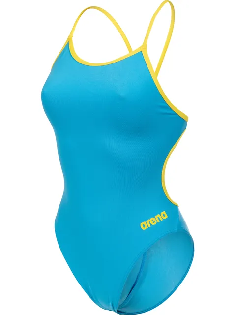 Arena Solid Lace Back One Piece - Turquoise/Yellow