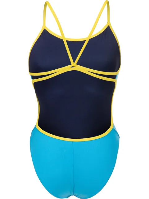 Arena Solid Lace Back One Piece - Turquoise/Yellow