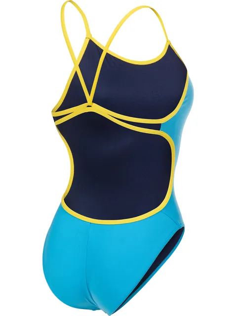 Arena Solid Lace Back One Piece - Turquoise/Yellow
