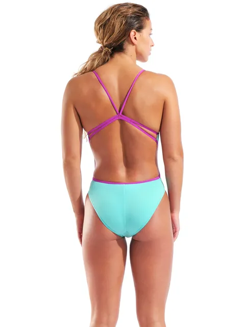 Arena Solid Lace Back One Piece - Water/Fuschia