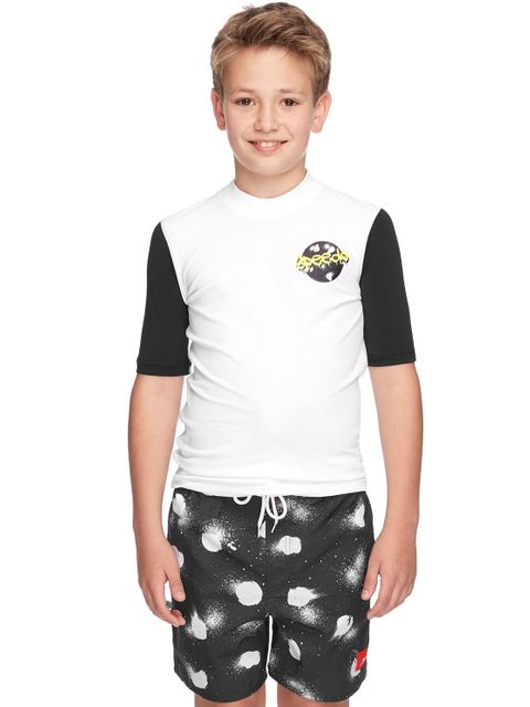 Speedo Iconic Black & White Boys Short Sleeve Sun Top