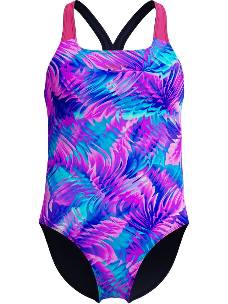 Speedo Allover Print Powerback One Piece - Pink/Peacoat