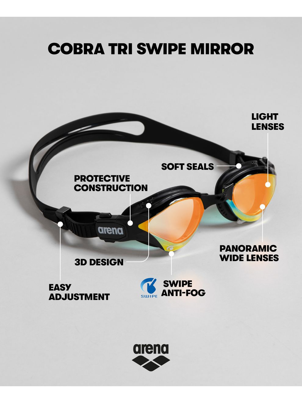 Arena Cobra Tri Swipe Mirror Goggles - Yellow & Black
