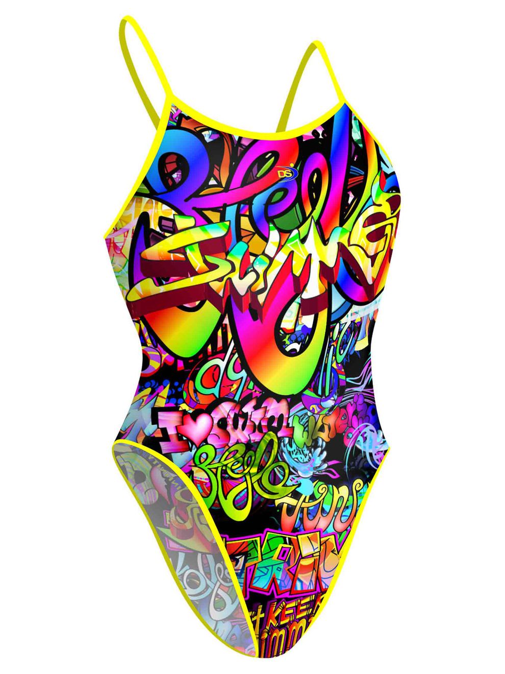 Hiphop Graffiti Blue Text Print One Piece Swimsuite